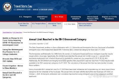 美国EB-5签证配额告急：2025财年非预留类别额度清零