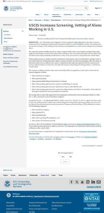 美国移民局调整工卡有效期，留学生及在美工作人士需关注